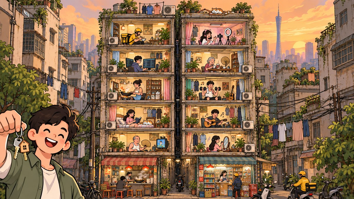 《包租公》主视觉：傍晚的城中村握手楼，一线天里晾着衣服，楼下是肠粉店和便利店